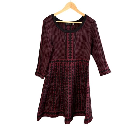 NWOT Nina Leonard Burgundy & Black Geometric Print Fit & Flare Dress With 3/4 Sl - Picture 2 of 4